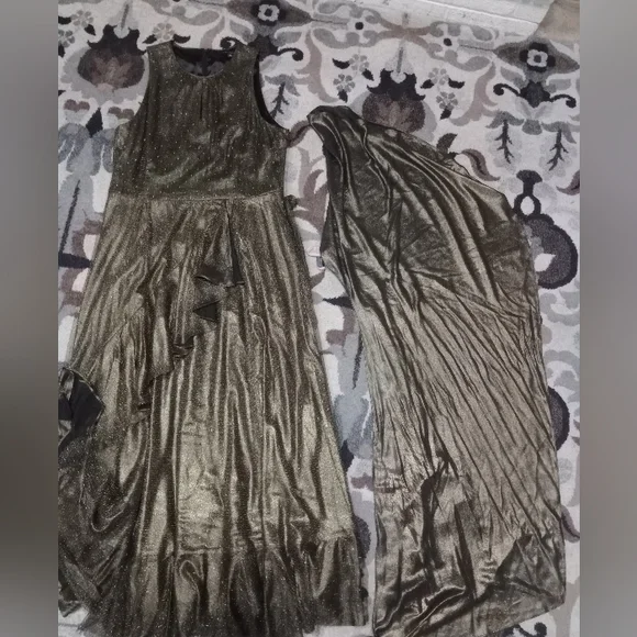 Gold Bronze Metallic Tiered Ruffle Hem Dress Size 16 Shawl Included NWOT - Picture 12 of 14